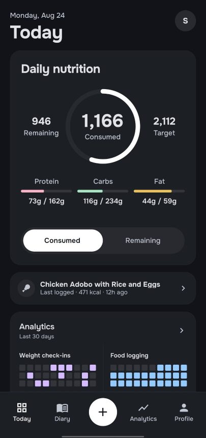 Eatlog Today dashboard with calorie and macro progress