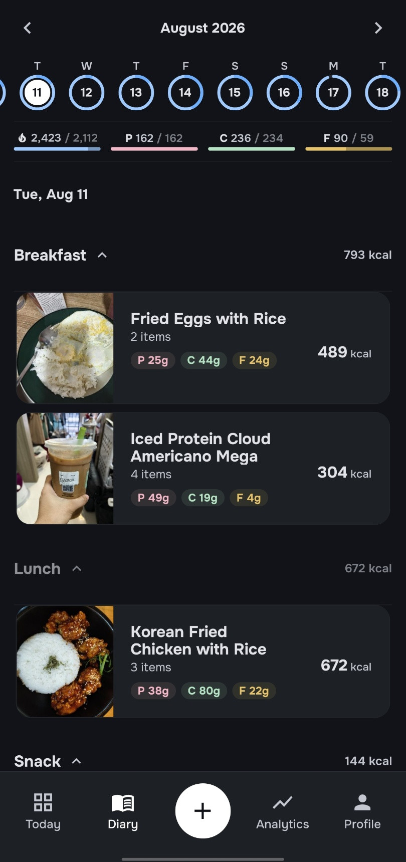 Eatlog Diary with meals grouped by day, photos, and nutrition totals