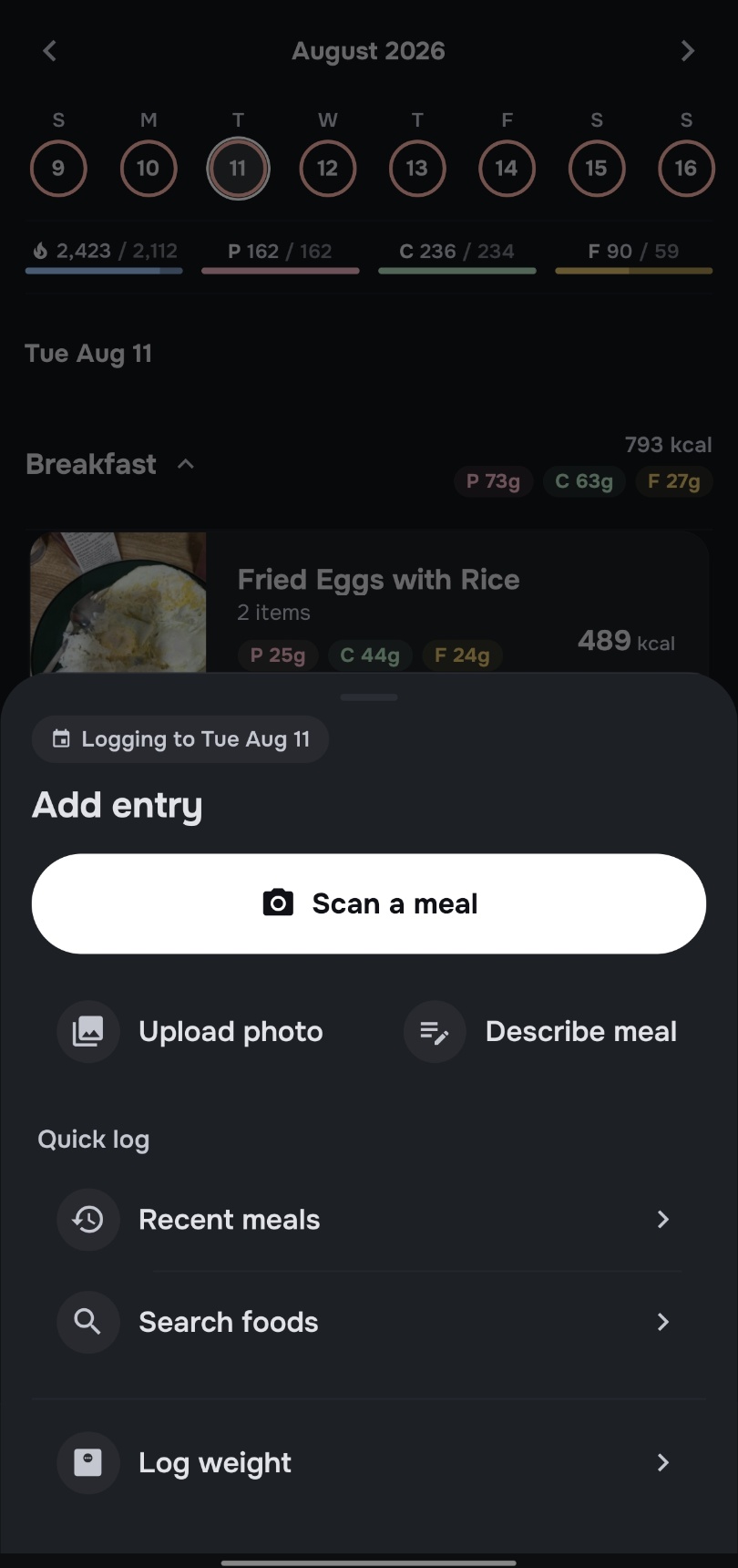 Eatlog Add entry sheet with scan, photo, description, recent meals, food search, and weight actions